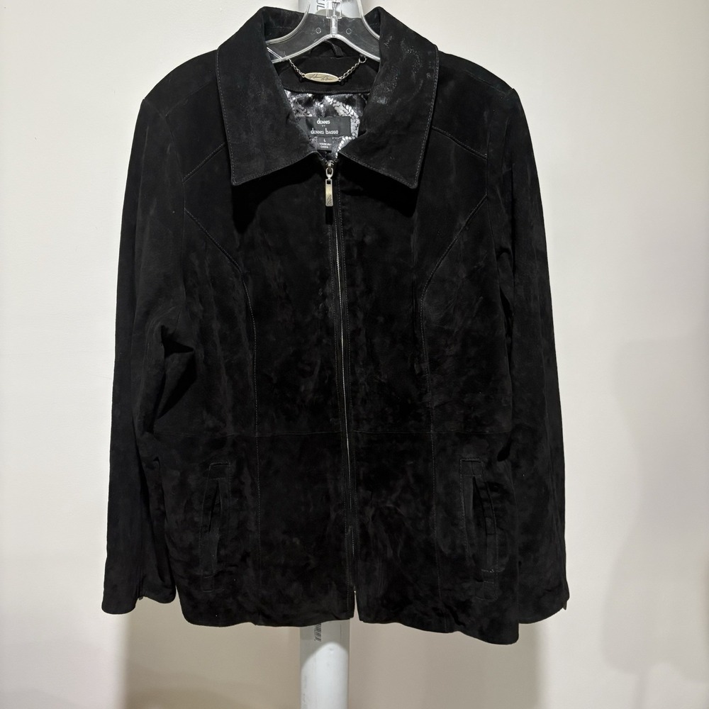 Dennis Basso Black Suede Leather Jacket Sz L Full Zip Grunge Biker Y2K Moto